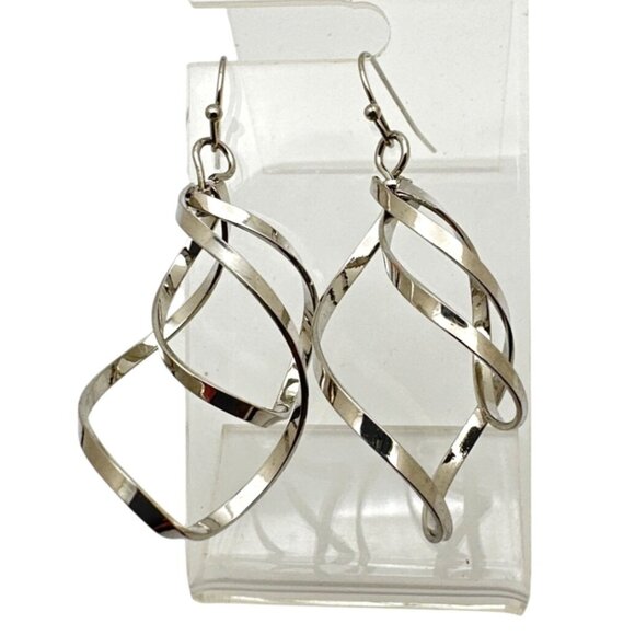 Elegant Silve-Tone Twisted Hoop Dangle Earrings 2 inch Drop Elegant - Picture 2 of 5